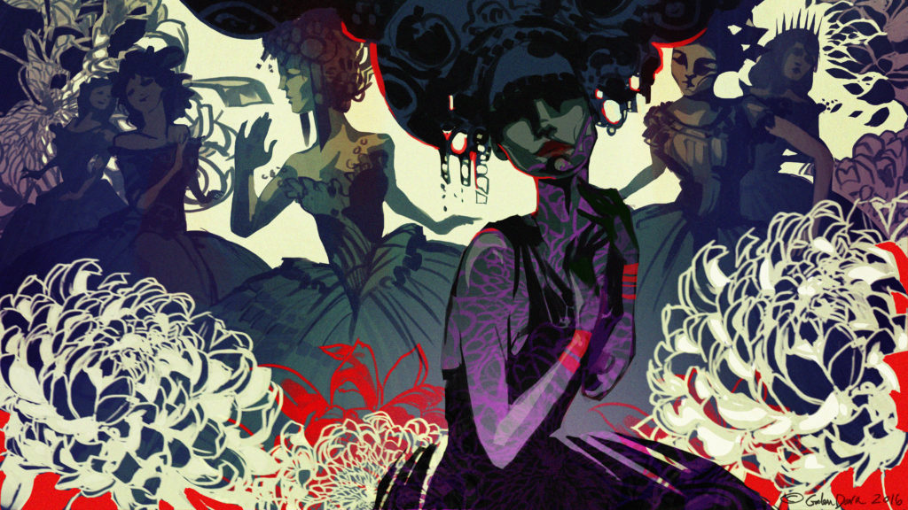 Women in fairy tale princess dresses wander a garden with flowers.